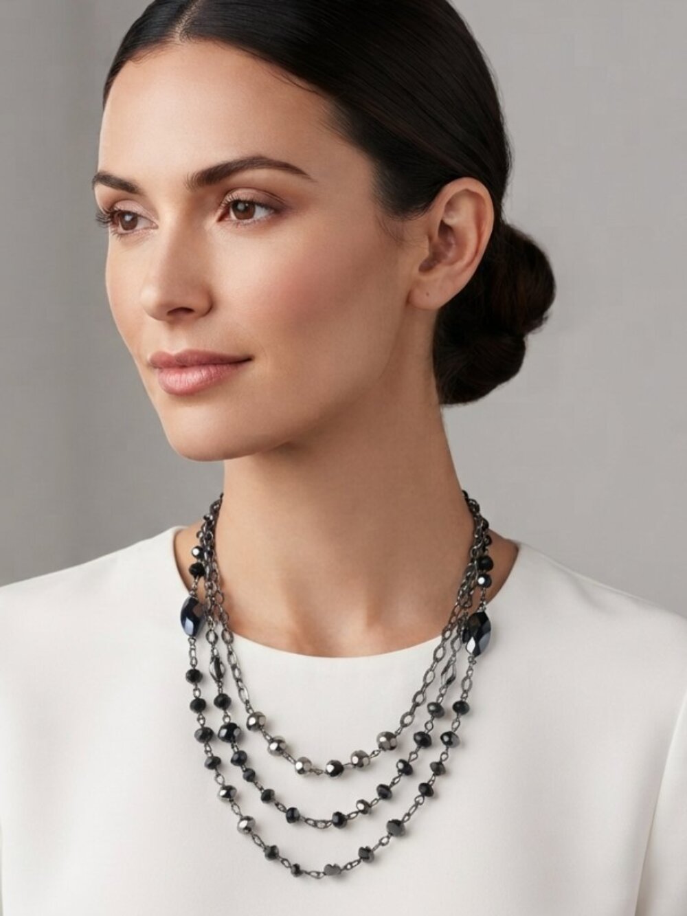 3-Row Layered Statement Necklace with Hematite and Pewter-Silver Faceted Beads